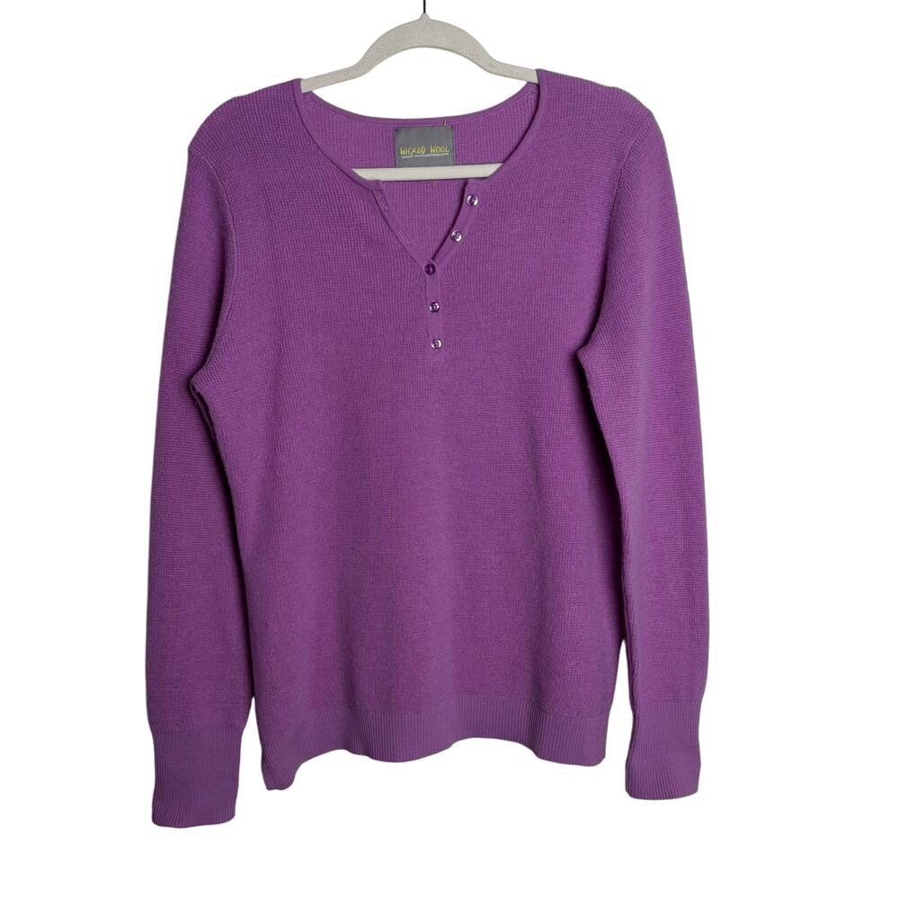 Wicked Wool Solid Purple Merino Wool Rib Knit Henley Sweater Women's